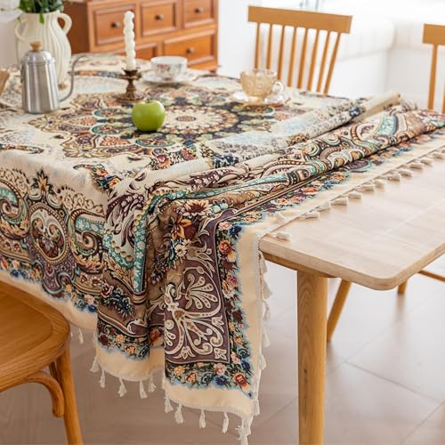 Erbnaryx Handblock Print Tablecloth for Square Tables, Arab Pattern Table Cover with Fringed Edges, Decorative Tablecloth for Kitchen and Dining Room,59"x 102" - Image 3