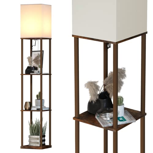 SUNMORY Floor Lamp with Shelves, Modern Square Standing Lamp with 3 Color Temperature Bulb, Corner Display Bookshelf Lamp for Living Room and Bedroom (Rustic Brown) - Image 1