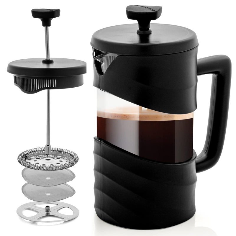 OVENTE French Press Coffee Maker 34 Ounce with Heat Resistant Borosilicate Glass & Stainless Steel 4-Level Filtration System, Portable Cold Brew Coffee Maker for Travel, Camping or Gift, Black FPW34B - Image 1