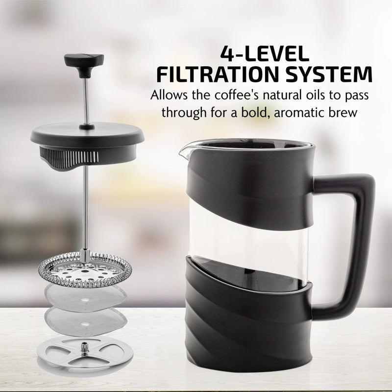 OVENTE French Press Coffee Maker 34 Ounce with Heat Resistant Borosilicate Glass & Stainless Steel 4-Level Filtration System, Portable Cold Brew Coffee Maker for Travel, Camping or Gift, Black FPW34B - Image 3