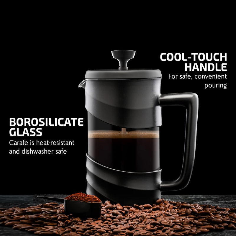 OVENTE French Press Coffee Maker 34 Ounce with Heat Resistant Borosilicate Glass & Stainless Steel 4-Level Filtration System, Portable Cold Brew Coffee Maker for Travel, Camping or Gift, Black FPW34B - Image 2