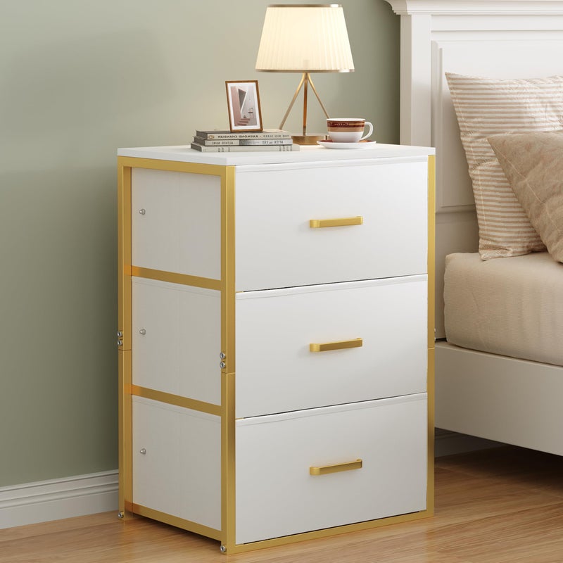 Qzzsmy Nightstand with 3 Drawers for Bedroom, Dresser Drawer Organizer, Storage Dresser with Fabric Drawers and Metal Frame for Closet, Living Room, Bedside Table with Wood Top - Image 1