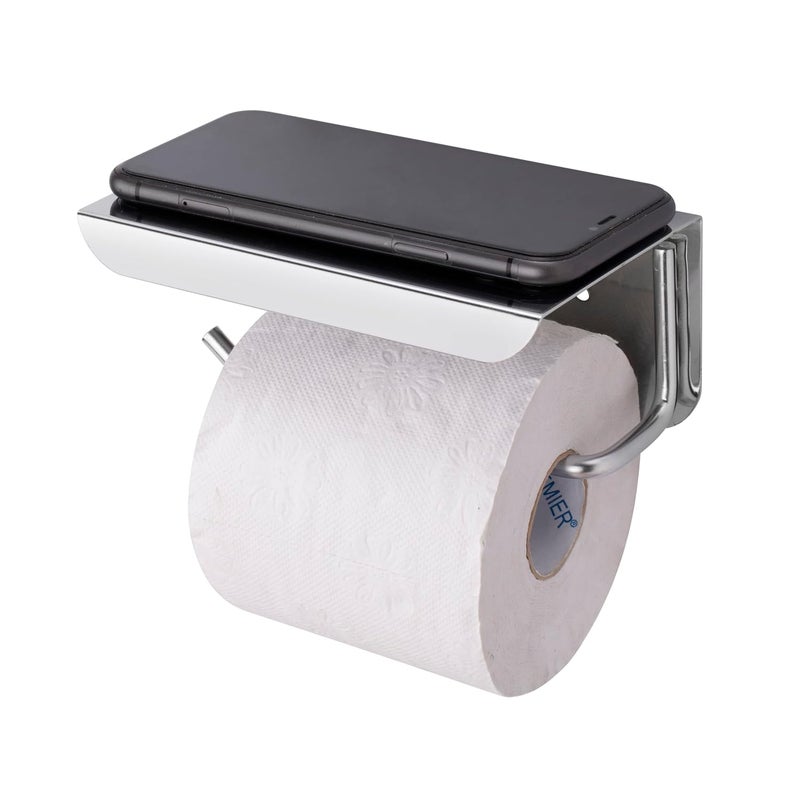 ACHRO Self Adhesive and Wall Mount Stainless Steel Toilet Paper Holder with Mobile Stand Wall Mounted Tissue Paper Holder with Shelf Toilet Paper Roll Holder for Bathroom with Nickel Chrome - Image 1