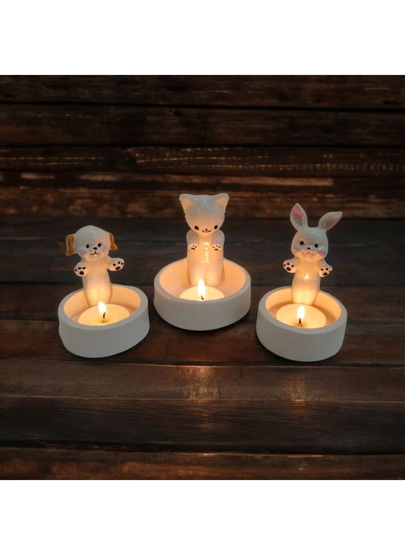 Taşdevri Life - Tasdevri Life Decorative Cat Dog and Rabbit Warming Up by the Fire Tealight Candle Holder - Image 1