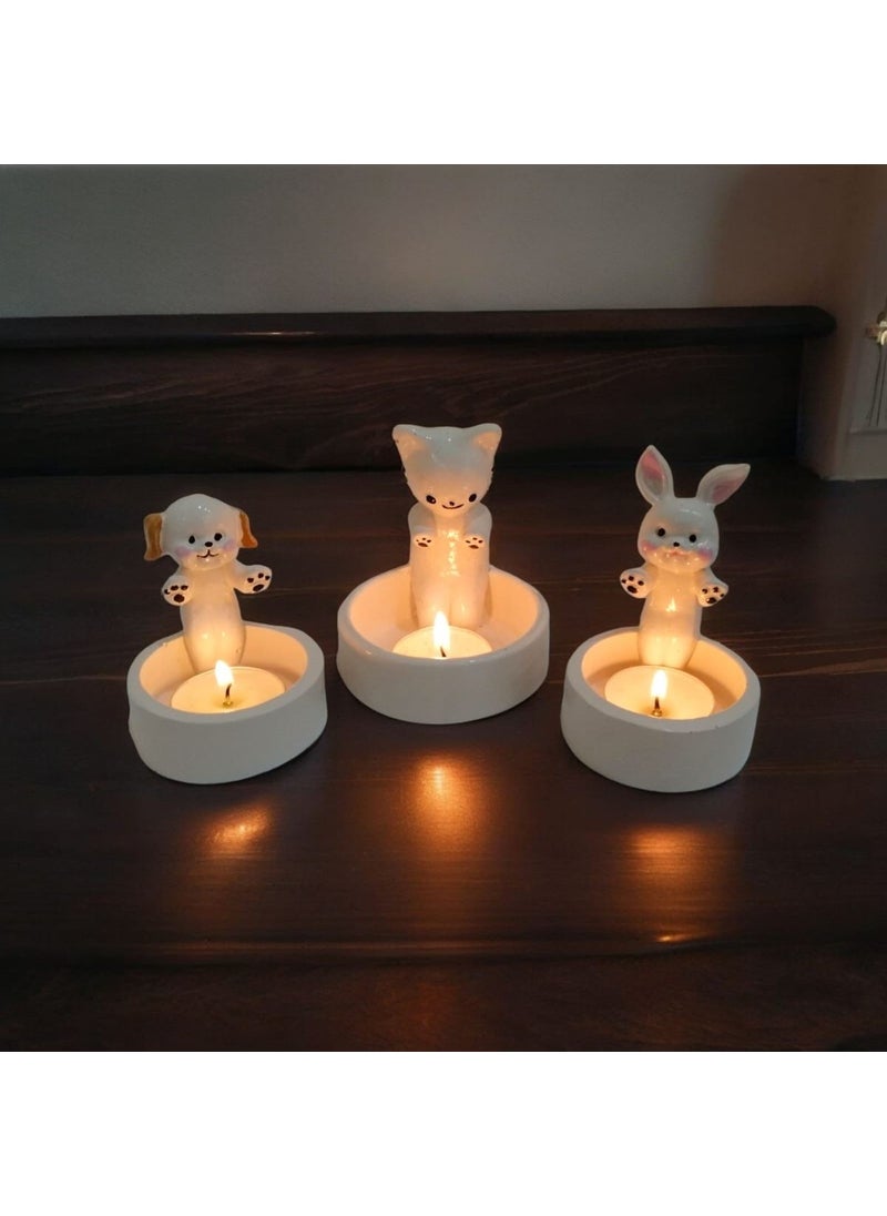 Taşdevri Life - Tasdevri Life Decorative Cat Dog and Rabbit Warming Up by the Fire Tealight Candle Holder - Image 1