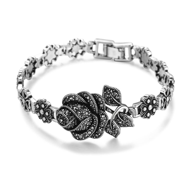 Mytys Bracelets for Women, Vintage Black Onxy Chain Link Silver Rose Flower Design Marcasite Bangle Bracelets Jewelry Gift - Image 1