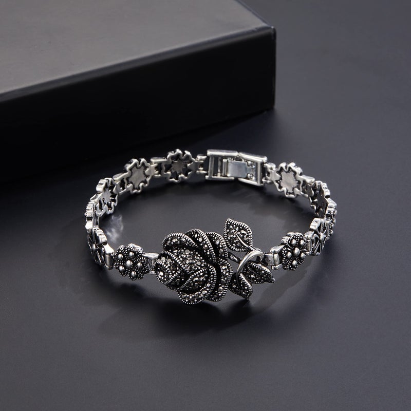 Mytys Bracelets for Women, Vintage Black Onxy Chain Link Silver Rose Flower Design Marcasite Bangle Bracelets Jewelry Gift - Image 5