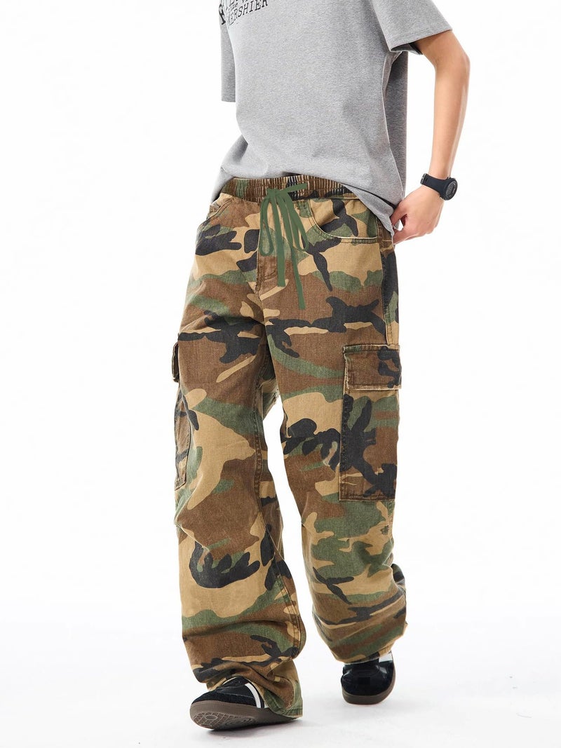 SESERAGI Cargo Pants Women Baggy Streetwear Y2K Drawstring Trousers Wide Leg Pants Camo Brown M - Image 2