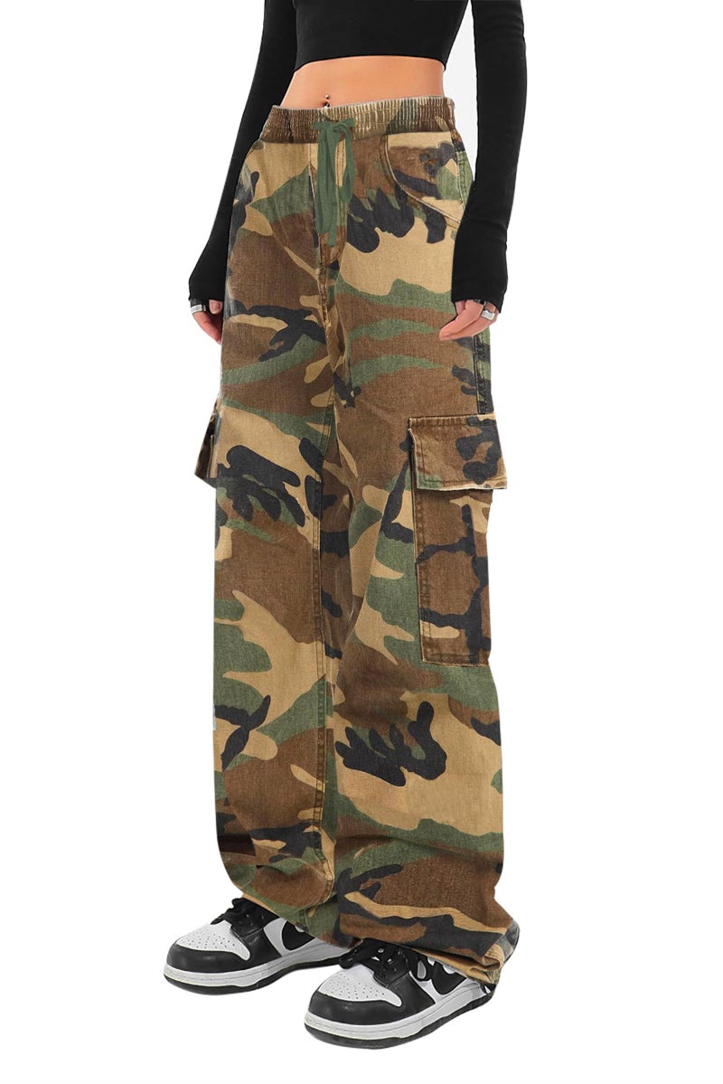 SESERAGI Cargo Pants Women Baggy Streetwear Y2K Drawstring Trousers Wide Leg Pants Camo Brown M - Image 1