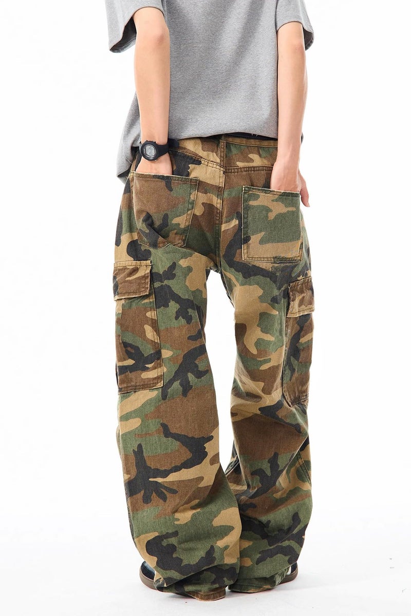 SESERAGI Cargo Pants Women Baggy Streetwear Y2K Drawstring Trousers Wide Leg Pants Camo Brown M - Image 3