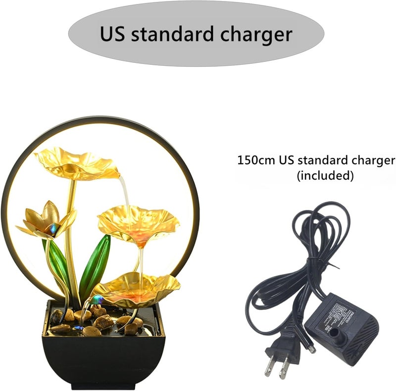 QINGYINGGE Golden desktop fountain, LED desktop waterfall, indoor lotus desktop decoration fountain, home bathroom and bedroom decoration. - Image 2