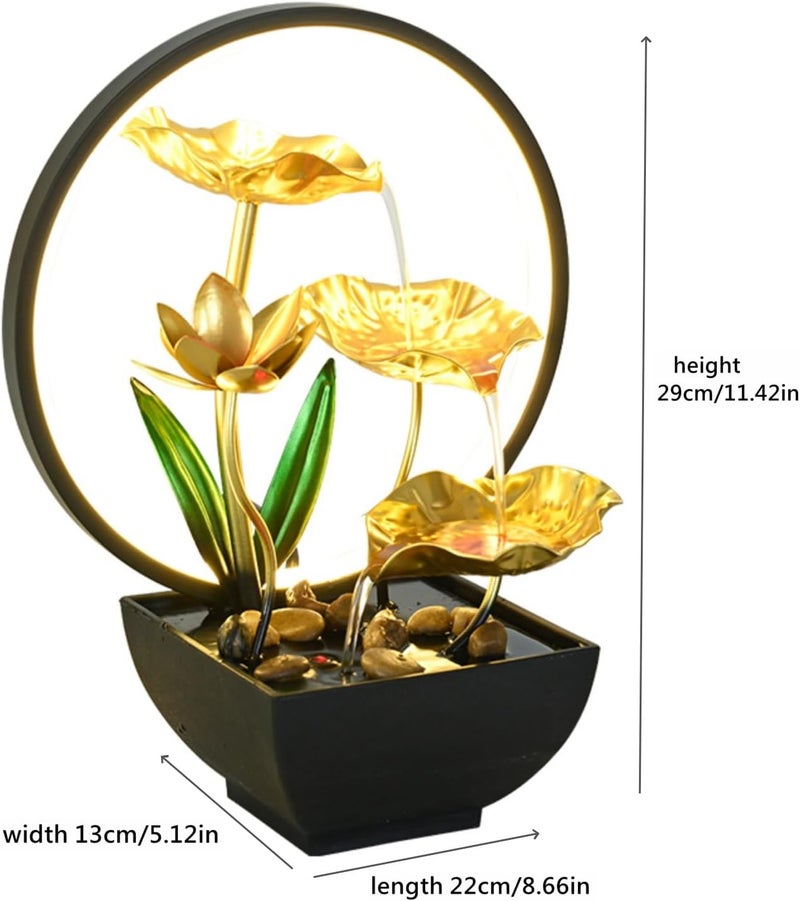 QINGYINGGE Golden desktop fountain, LED desktop waterfall, indoor lotus desktop decoration fountain, home bathroom and bedroom decoration. - Image 4
