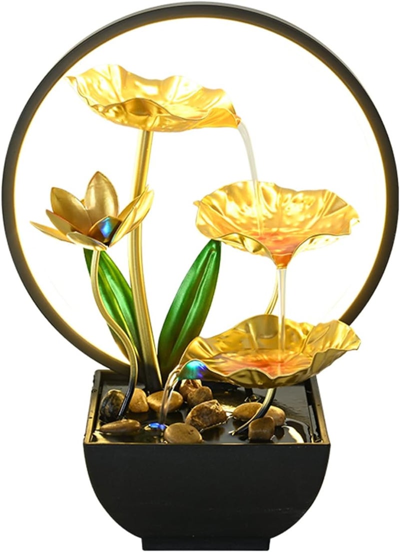 QINGYINGGE Golden desktop fountain, LED desktop waterfall, indoor lotus desktop decoration fountain, home bathroom and bedroom decoration. - Image 1