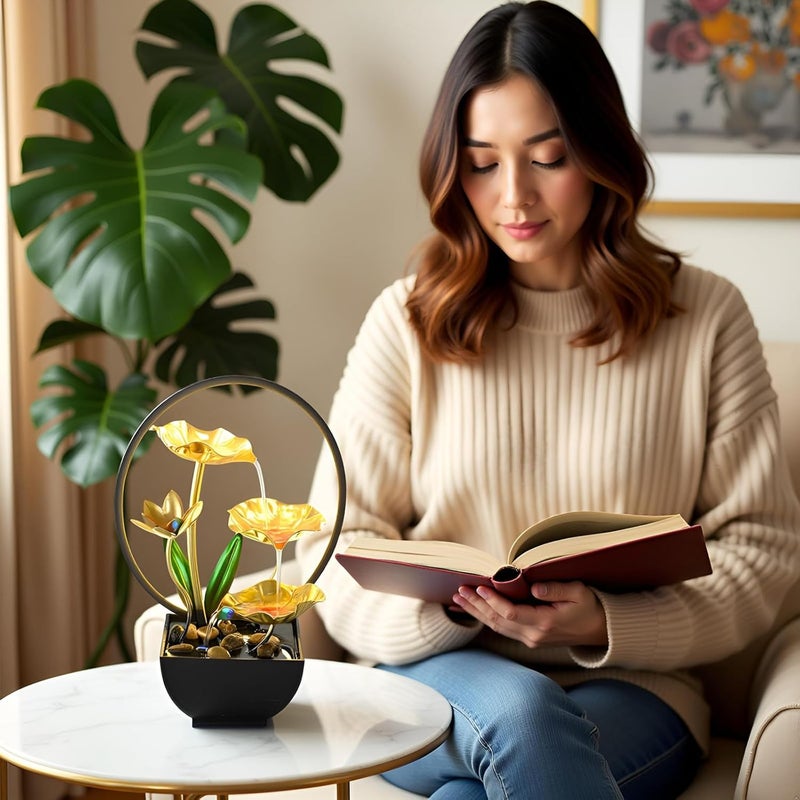 QINGYINGGE Golden desktop fountain, LED desktop waterfall, indoor lotus desktop decoration fountain, home bathroom and bedroom decoration. - Image 5