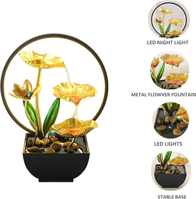 QINGYINGGE Golden desktop fountain, LED desktop waterfall, indoor lotus desktop decoration fountain, home bathroom and bedroom decoration. - Image 3