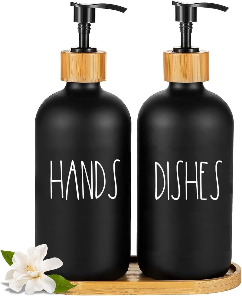ARKTEK Glass Soap Dispenser Set with Tray, 2 Pack Hand and Dish Soap Dispenser Set for Bathroom and Kitchen Bottle Dispenser with Dish Soap, Hand Soap, Lotion 17 Oz (2 Black) - Image 1