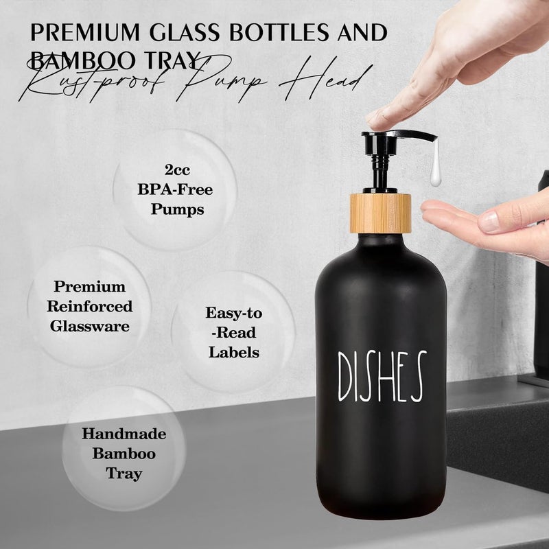 ARKTEK Glass Soap Dispenser Set with Tray, 2 Pack Hand and Dish Soap Dispenser Set for Bathroom and Kitchen Bottle Dispenser with Dish Soap, Hand Soap, Lotion 17 Oz (2 Black) - Image 4