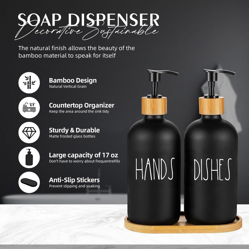 ARKTEK Glass Soap Dispenser Set with Tray, 2 Pack Hand and Dish Soap Dispenser Set for Bathroom and Kitchen Bottle Dispenser with Dish Soap, Hand Soap, Lotion 17 Oz (2 Black) - Image 3