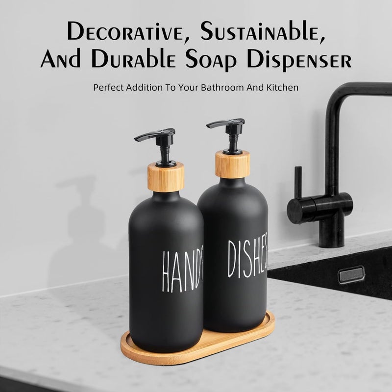 ARKTEK Glass Soap Dispenser Set with Tray, 2 Pack Hand and Dish Soap Dispenser Set for Bathroom and Kitchen Bottle Dispenser with Dish Soap, Hand Soap, Lotion 17 Oz (2 Black) - Image 5