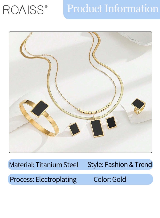 roaiss 6 Pcs Titanium Steel Jewelry Set, Black Square Double-layered Pendant Necklace, Earrings, Rings, Bracelets, Stylish Geometric Design Fashion Accessories for Party, Banquets, Weddings and Daily Wear - Image 2