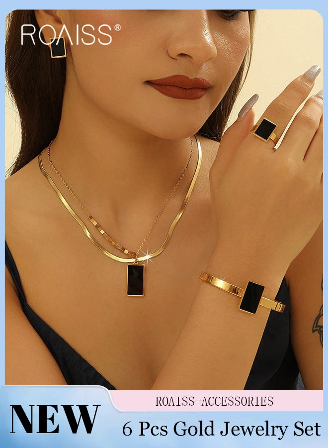roaiss 6 Pcs Titanium Steel Jewelry Set, Black Square Double-layered Pendant Necklace, Earrings, Rings, Bracelets, Stylish Geometric Design Fashion Accessories for Party, Banquets, Weddings and Daily Wear - Image 1