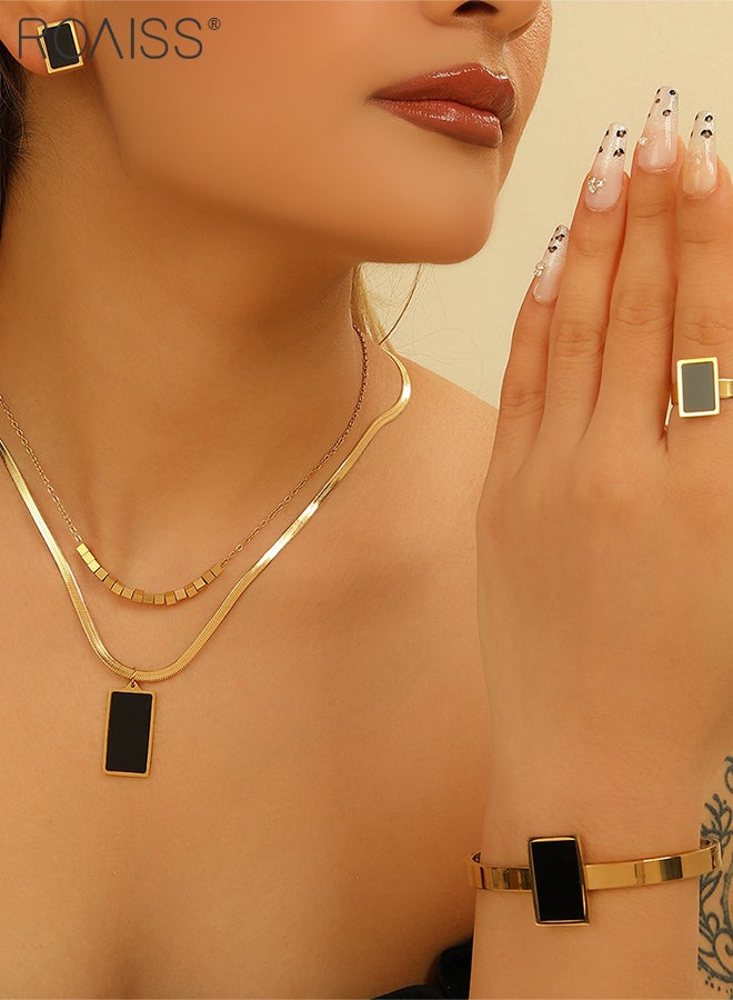 roaiss 6 Pcs Titanium Steel Jewelry Set, Black Square Double-layered Pendant Necklace, Earrings, Rings, Bracelets, Stylish Geometric Design Fashion Accessories for Party, Banquets, Weddings and Daily Wear - Image 4