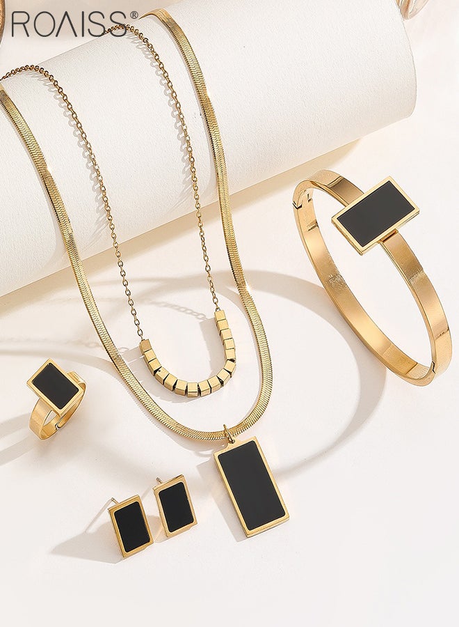 roaiss 6 Pcs Titanium Steel Jewelry Set, Black Square Double-layered Pendant Necklace, Earrings, Rings, Bracelets, Stylish Geometric Design Fashion Accessories for Party, Banquets, Weddings and Daily Wear - Image 3