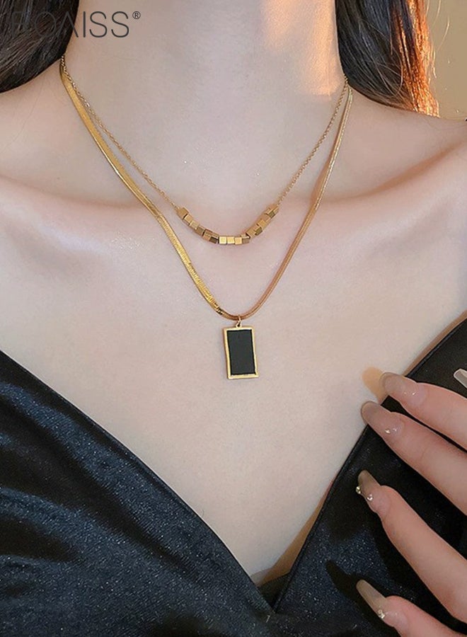 roaiss 6 Pcs Titanium Steel Jewelry Set, Black Square Double-layered Pendant Necklace, Earrings, Rings, Bracelets, Stylish Geometric Design Fashion Accessories for Party, Banquets, Weddings and Daily Wear - Image 5