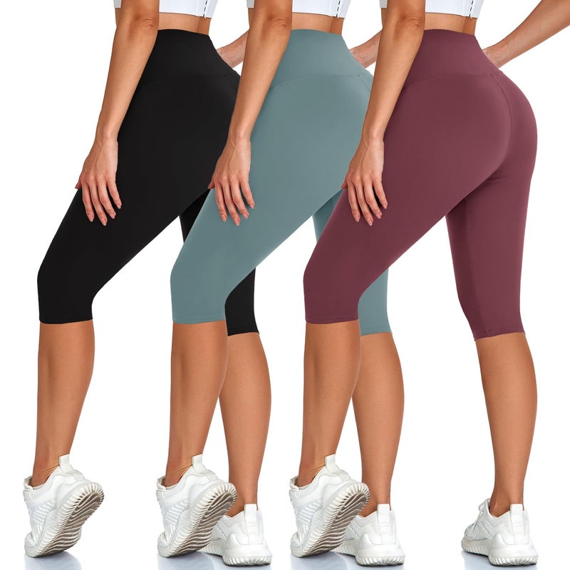 Hi Clasmix High Waisted 3 Pack Women's Capri Pants - Knee Length Yoga Shorts, Biker Workout Leggings for Women,Summer Activewear - Image 1