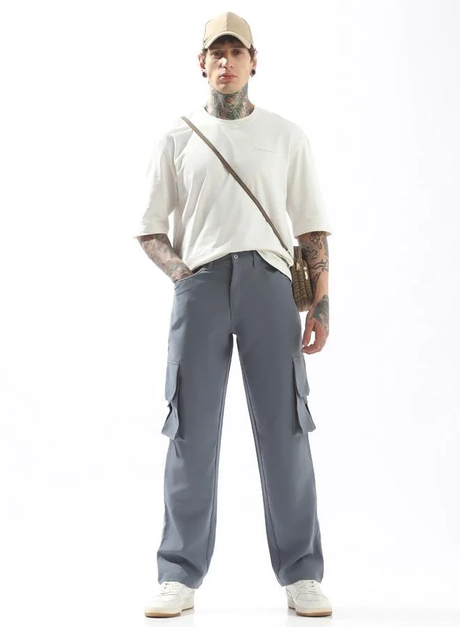 هوبرهولمي بنطلون رمادي رجالي بأزرار سادة وخصر متوسط