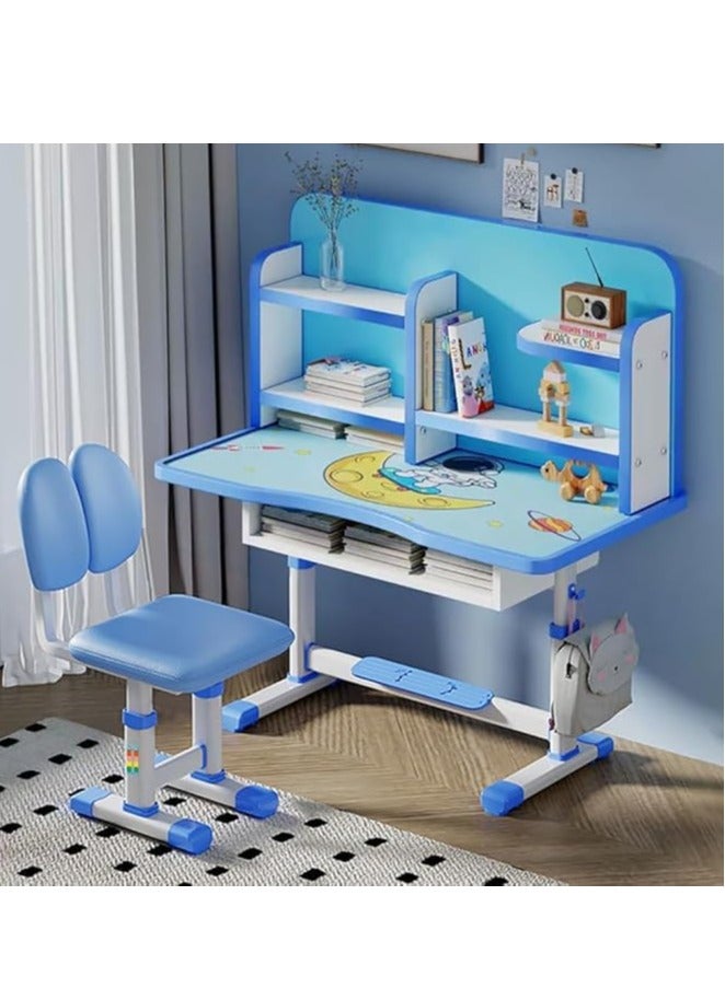 Generic Kids Study Table Chair Set, Girl Boy Adjustable Height Study Desk with Bookshelf, Wooden Children School Study Laptop Workstation Table Stand for Home School Learning Writting Reading (Blue)  - Image 1