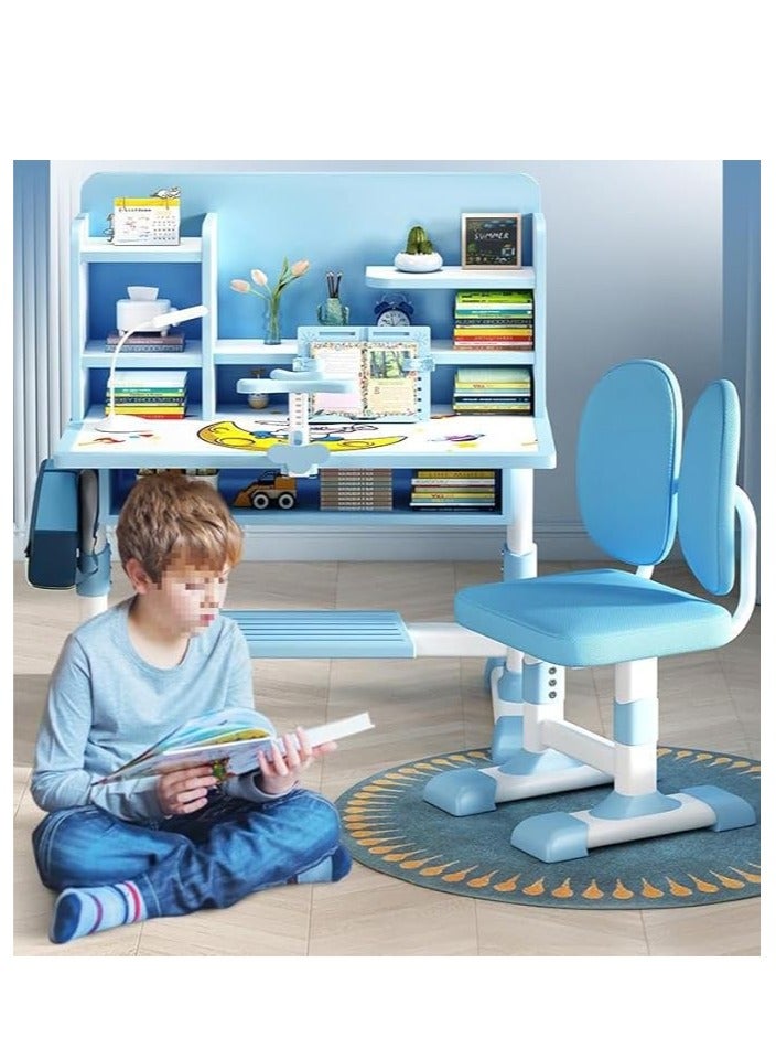 Generic Kids Study Table Chair Set, Girl Boy Adjustable Height Study Desk with Bookshelf, Wooden Children School Study Laptop Workstation Table Stand for Home School Learning Writting Reading (Blue)  - Image 2