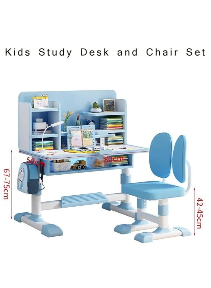 Generic Kids Study Table Chair Set, Girl Boy Adjustable Height Study Desk with Bookshelf, Wooden Children School Study Laptop Workstation Table Stand for Home School Learning Writting Reading (Blue)  - Image 4