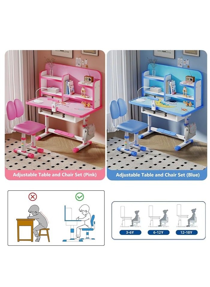 Generic Kids Study Table Chair Set, Girl Boy Adjustable Height Study Desk with Bookshelf, Wooden Children School Study Laptop Workstation Table Stand for Home School Learning Writting Reading (Blue)  - Image 5