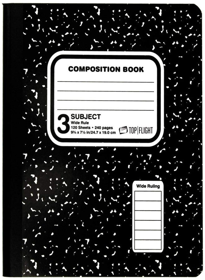 Top Flight Sewn 3-Subject Marble Composition Book, Wide Rule, 9.75 x 7.5 Inches, 120 Sheets, Black/White (11926)