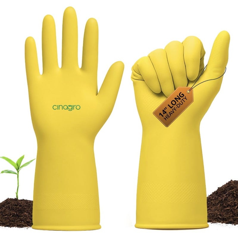 CINAGRO Garden Gloves, Yellow 14 inch Long, 2 Count, Pack of 1, Heavy-Duty Latex Rubber, Gloves for Men & Women, Waterproof, Non-Slip Grip, Long Arm Gloves for Garden Work, Beekeeping, Farming - Image 1