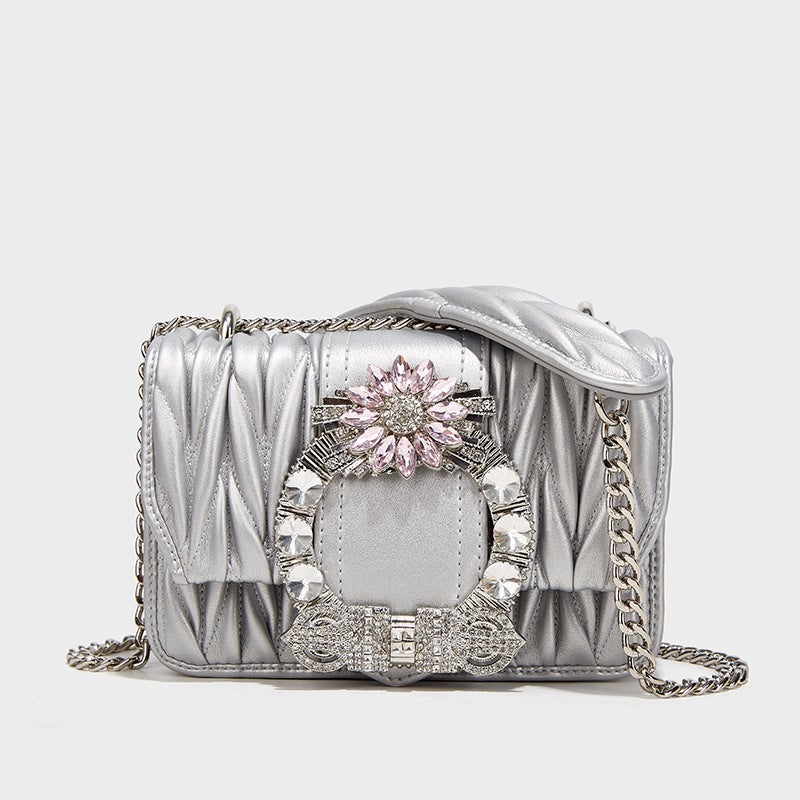 French Niche Stylish Fashion Pleated Bubble Small Square Bag Crystal Diamond Shoulder Crossbody Bag Ladies Night Shop Girl - Image 1