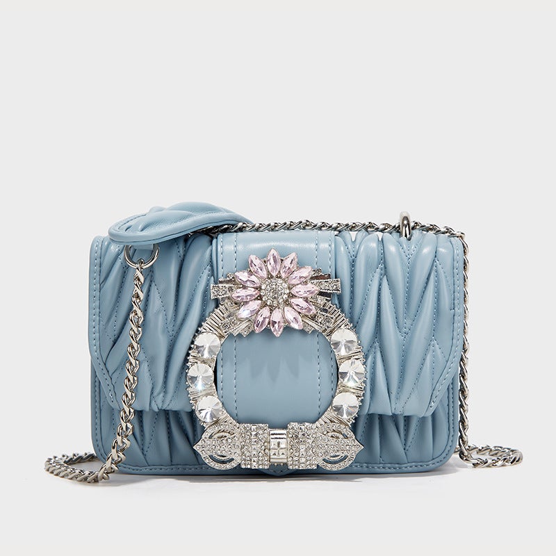 French Niche Stylish Fashion Pleated Bubble Small Square Bag Crystal Diamond Shoulder Crossbody Bag Ladies Night Shop Girl - Image 2