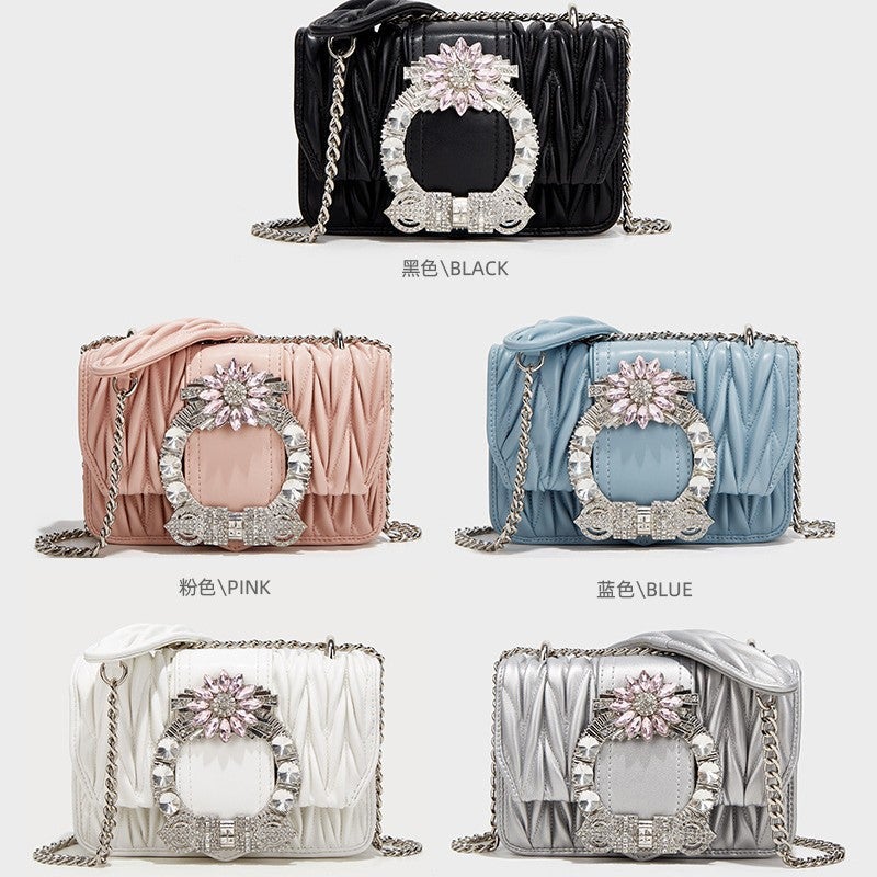 French Niche Stylish Fashion Pleated Bubble Small Square Bag Crystal Diamond Shoulder Crossbody Bag Ladies Night Shop Girl - Image 5