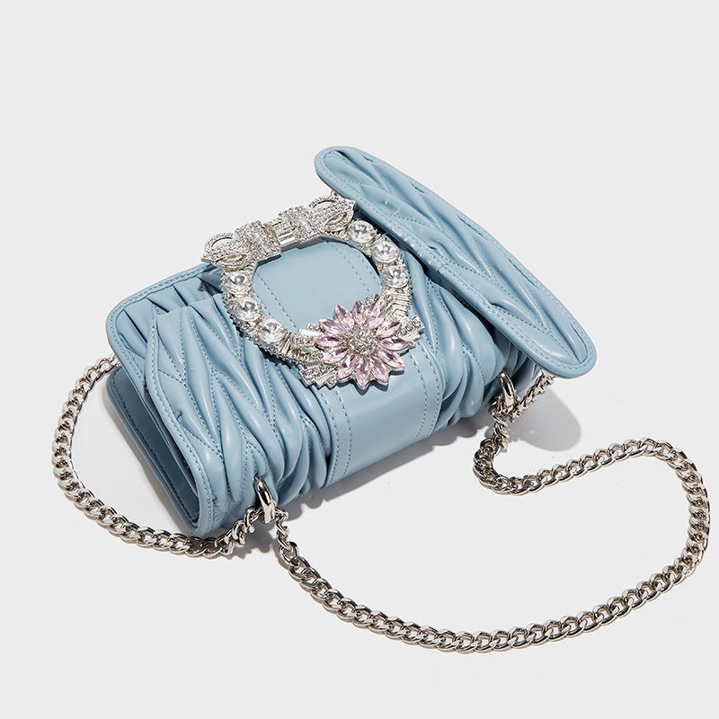 French Niche Stylish Fashion Pleated Bubble Small Square Bag Crystal Diamond Shoulder Crossbody Bag Ladies Night Shop Girl - Image 3