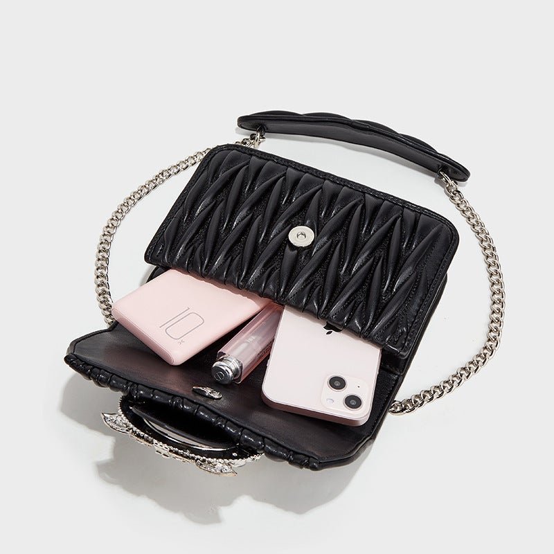 French Niche Stylish Fashion Pleated Bubble Small Square Bag Crystal Diamond Shoulder Crossbody Bag Ladies Night Shop Girl - Image 4