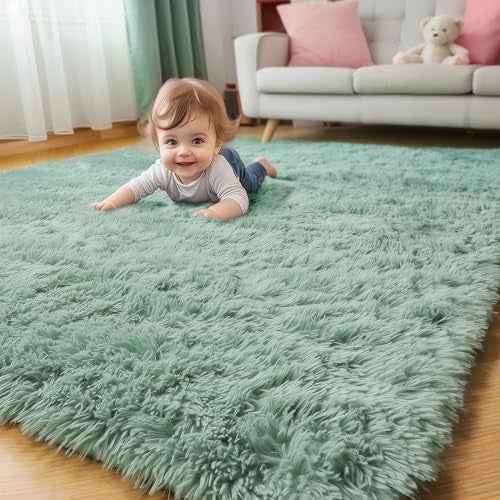 Amdrebio Sage Green Rugs for Bedroom Living Room Aesthetic, Fluffy Furry Area Rug 5x8 for Nursery, Classroom, Teen Boys, Baby Kids Room Decor, Cute Shaggy Carpet for Playroom Dorm, Fuzzy Plush Light Mint Rug - Image 1