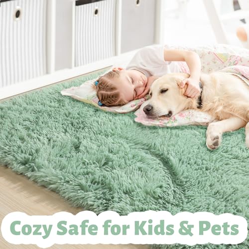 Amdrebio Sage Green Rugs for Bedroom Living Room Aesthetic, Fluffy Furry Area Rug 5x8 for Nursery, Classroom, Teen Boys, Baby Kids Room Decor, Cute Shaggy Carpet for Playroom Dorm, Fuzzy Plush Light Mint Rug - Image 2