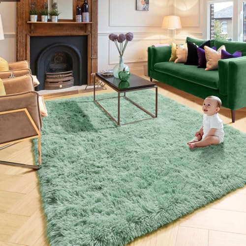 Amdrebio Sage Green Rugs for Bedroom Living Room Aesthetic, Fluffy Furry Area Rug 5x8 for Nursery, Classroom, Teen Boys, Baby Kids Room Decor, Cute Shaggy Carpet for Playroom Dorm, Fuzzy Plush Light Mint Rug - Image 5