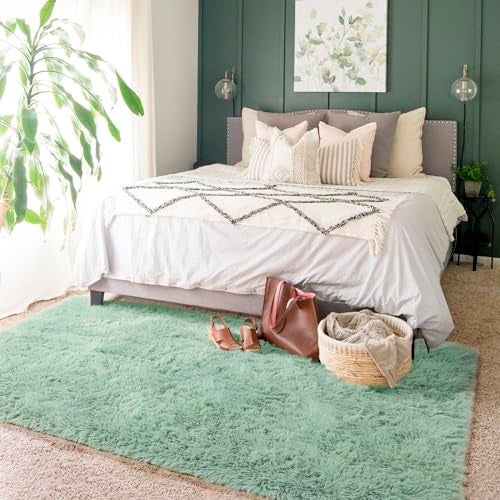 Amdrebio Sage Green Rugs for Bedroom Living Room Aesthetic, Fluffy Furry Area Rug 5x8 for Nursery, Classroom, Teen Boys, Baby Kids Room Decor, Cute Shaggy Carpet for Playroom Dorm, Fuzzy Plush Light Mint Rug - Image 4