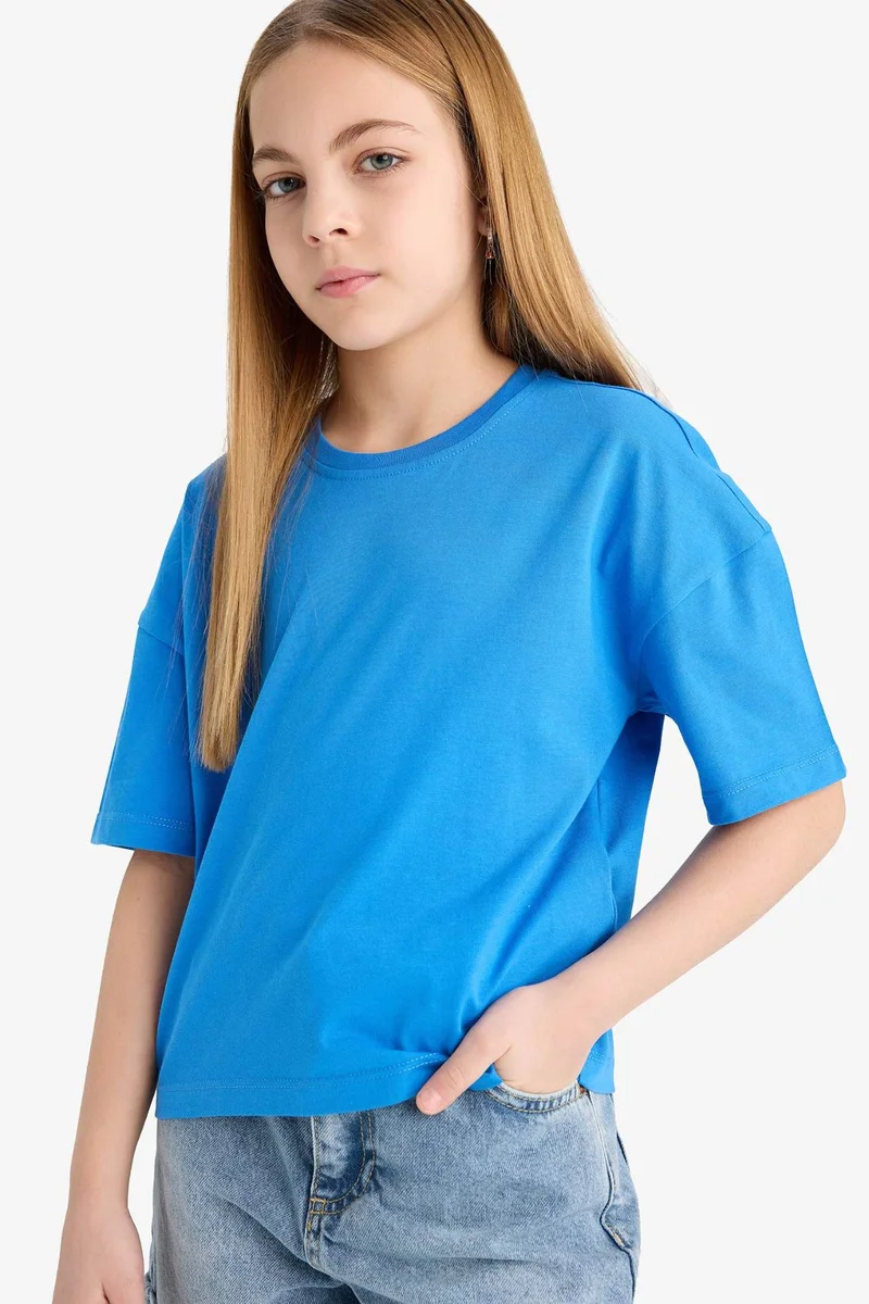 ديفاكتو Girl Relax Fit Crew Neck Basic Short Sleeve T-Shirt