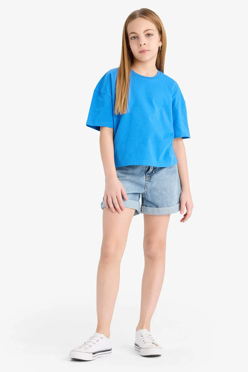 ديفاكتو Girl Relax Fit Crew Neck Basic Short Sleeve T-Shirt