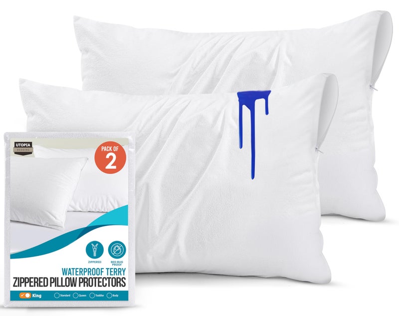 Utopia Bedding Waterproof Pillow Protectors with Zipper King Size 2 Pack Terry Pillow Covers Bed Bug and Dust Mite Proof