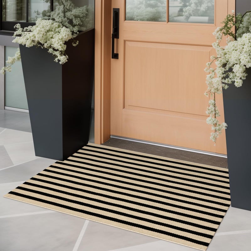 OJIA Front Door Mat Outside Entrance 24"x35" Front Door Rug Washable Porch Rug Woven Striped Outdoor Rugs Entryway Rugs Indoor Small Area Rug for Kitchen/Entry Decor, Tan and Black Outdoor Doormat - Image 1