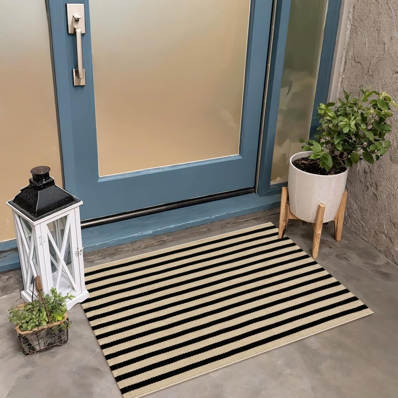 OJIA Front Door Mat Outside Entrance 24"x35" Front Door Rug Washable Porch Rug Woven Striped Outdoor Rugs Entryway Rugs Indoor Small Area Rug for Kitchen/Entry Decor, Tan and Black Outdoor Doormat - Image 5